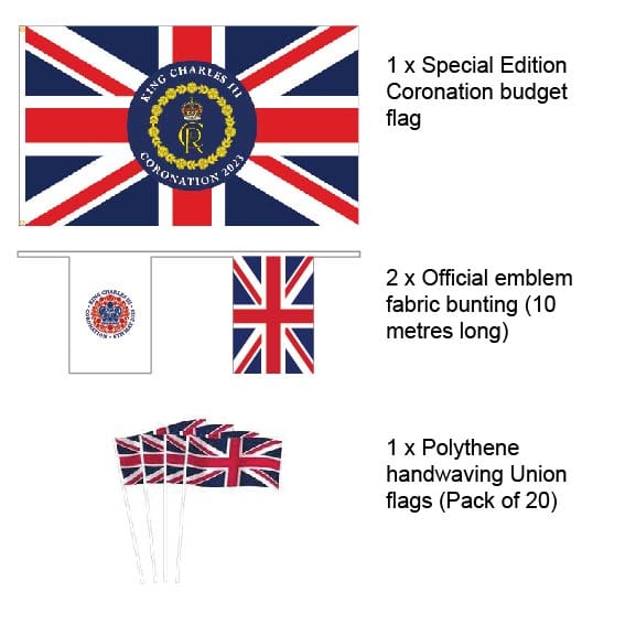 Kings Coronation street party packs Flags and Flagpoles