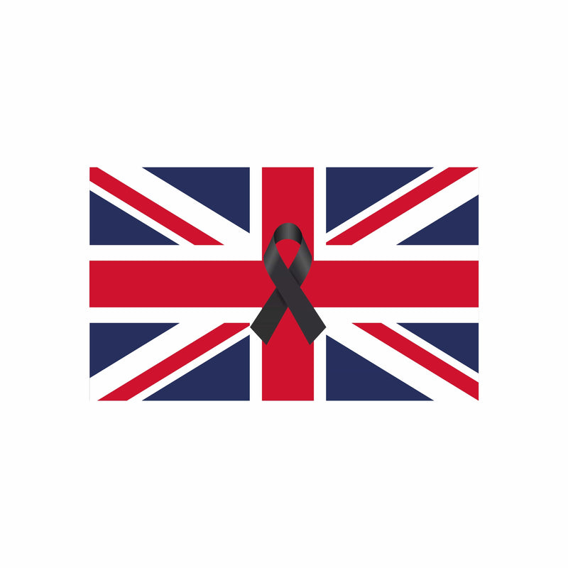 Union flag with a black printed ribbon for mourning