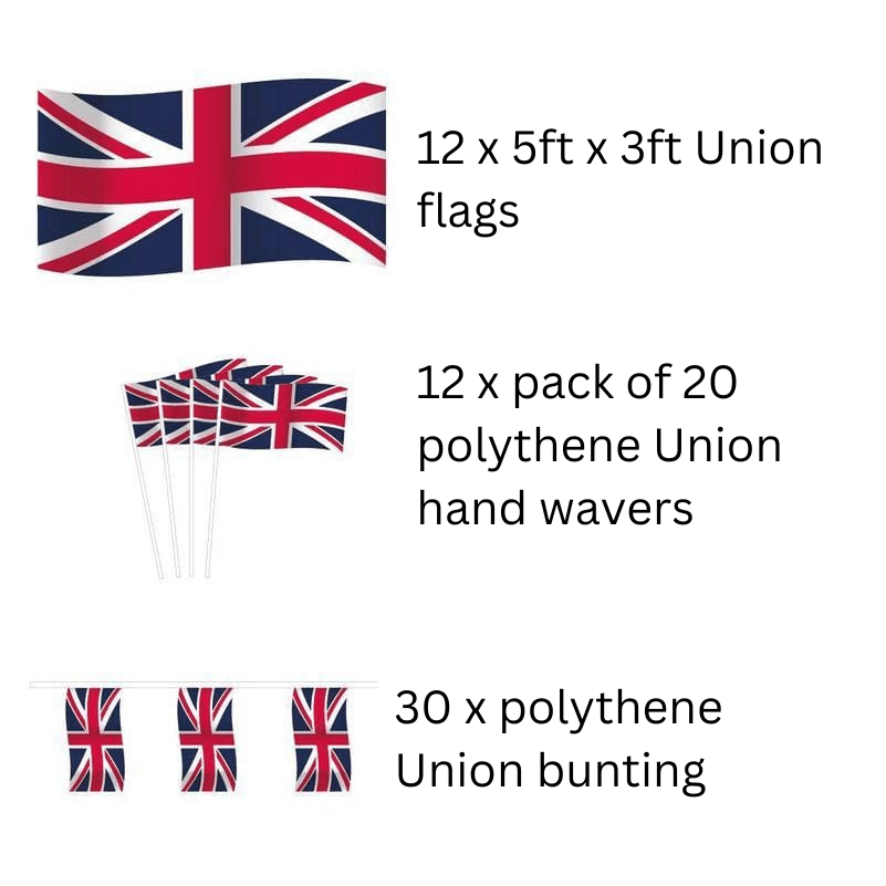 Kings Coronation street party packs Flags and Flagpoles