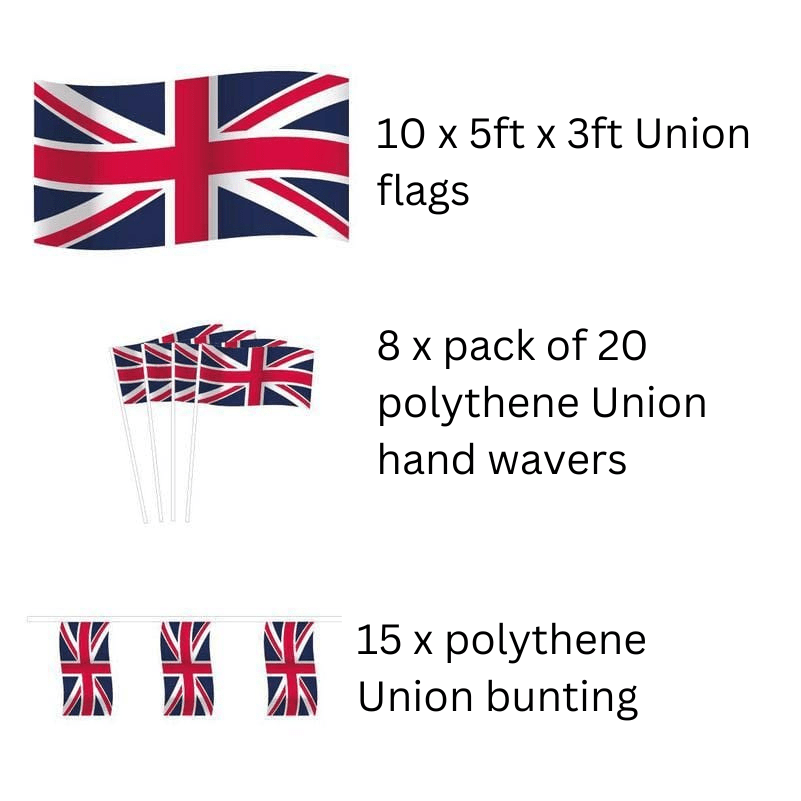 Kings Coronation street party packs Flags and Flagpoles